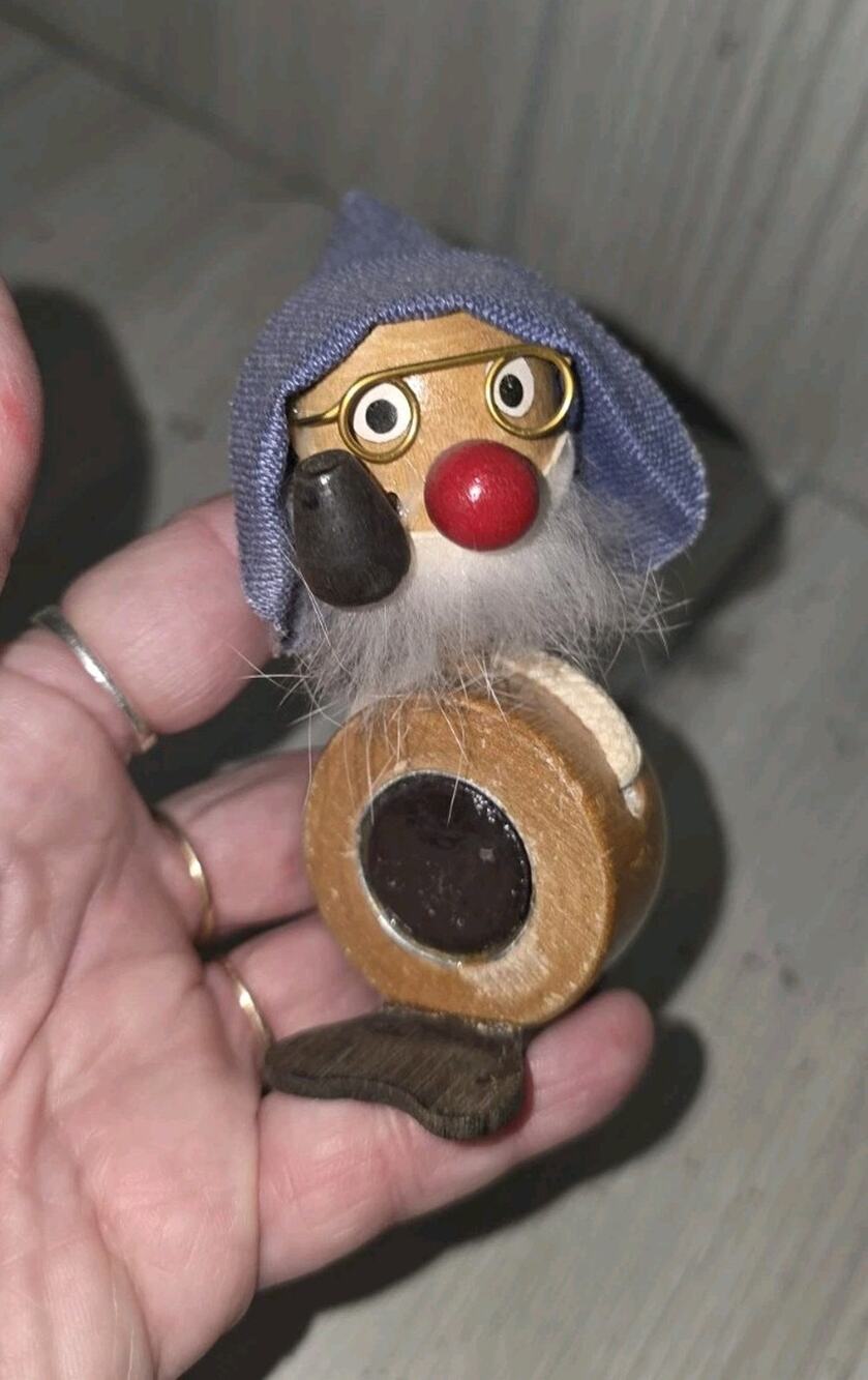 Vintage Danish Wooden Figurine Old Man Gnome w/ Pipe & Glasses Magnet Taiwan